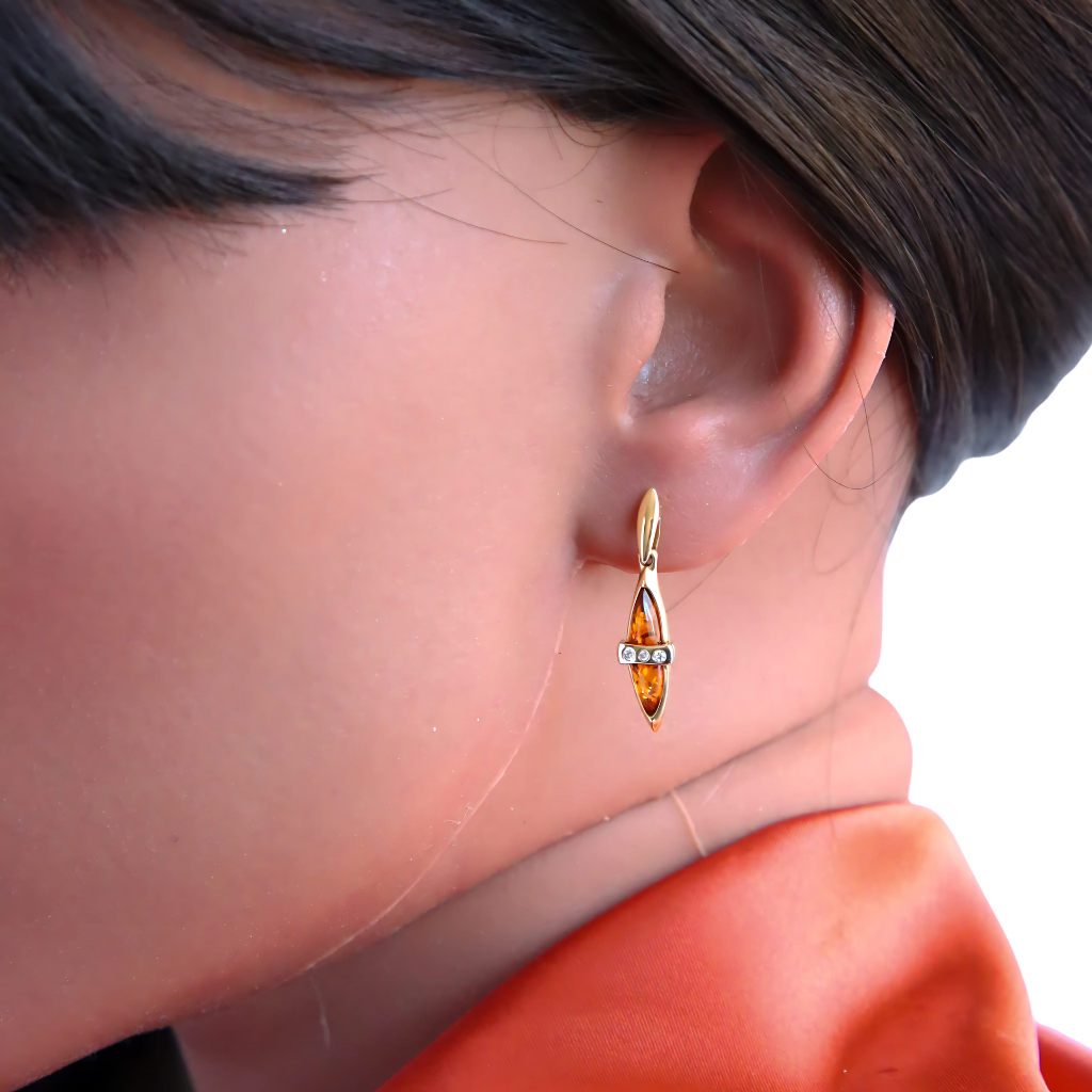 Lithuanian Baltic Amber and Diamond Earrings in 14k Gold