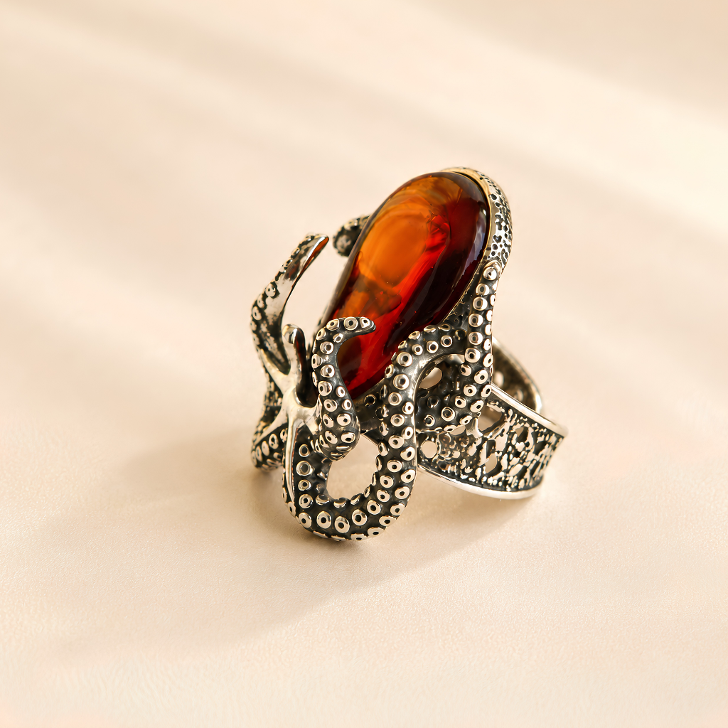 An ornate silver octopus ring featuring a large, polished oval amber gemstone with a textured, tentacle-like silver band, displayed on a soft beige background.