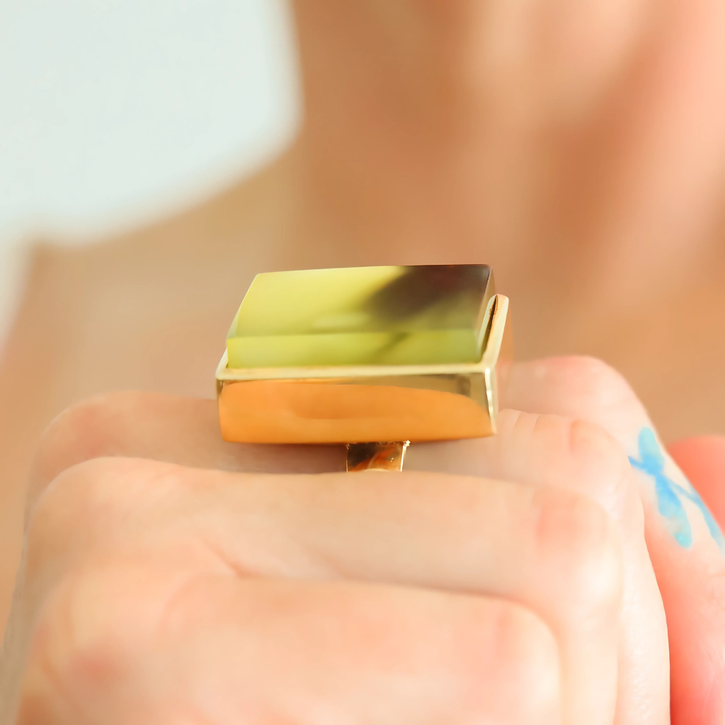 side view of amber cocktail ring