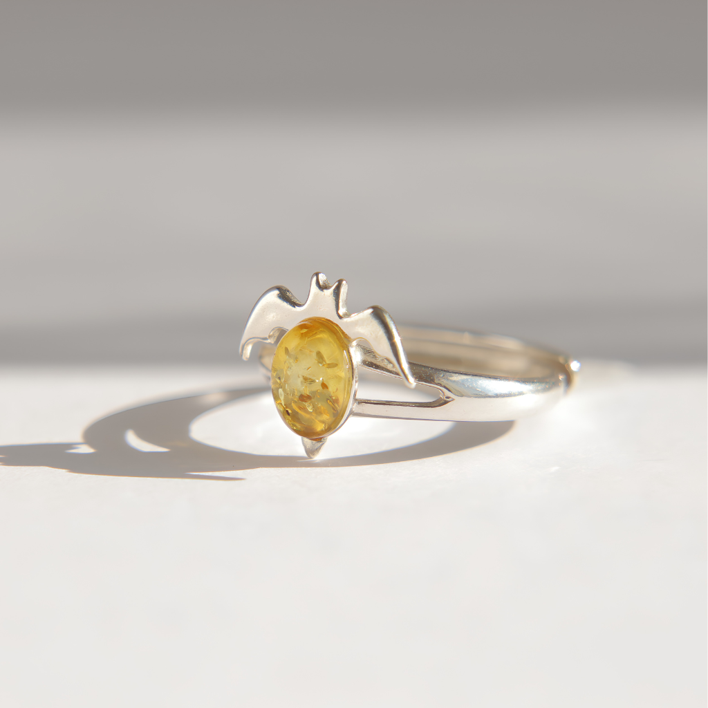 Lemon Baltic Amber Bat Ring in Sterling Silver