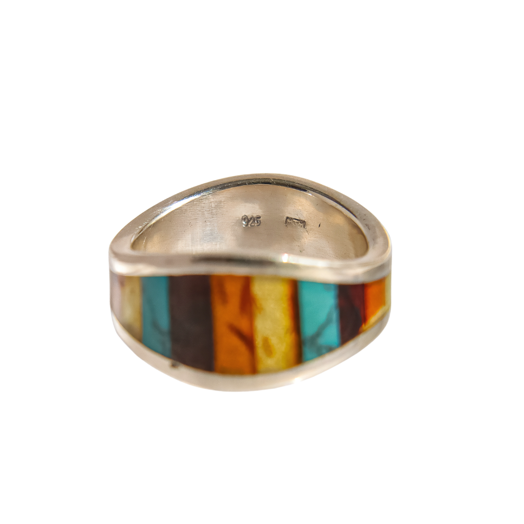 Baltic Amber and Turquoise Ring in 925 Sterling Silver with vibrant mosaic of amber and turquoise stones.