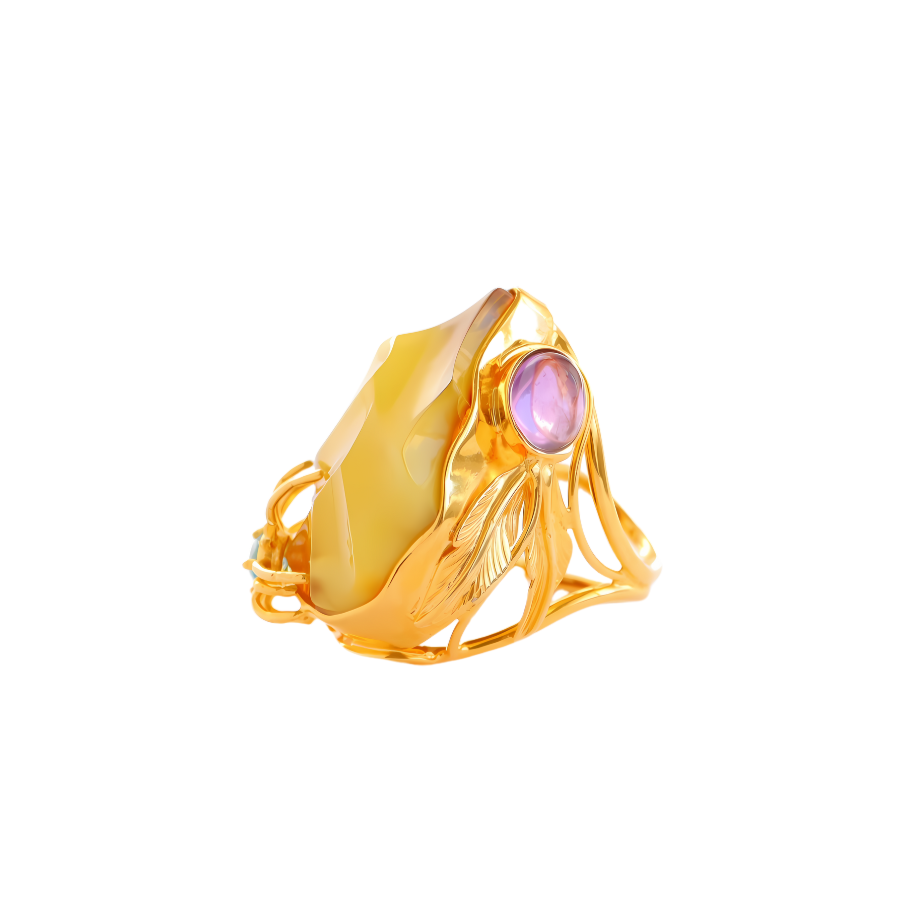 Natural Baltic Butterscotch Amber Ring 14K Gold Plated Boulder Spider with Amethyst