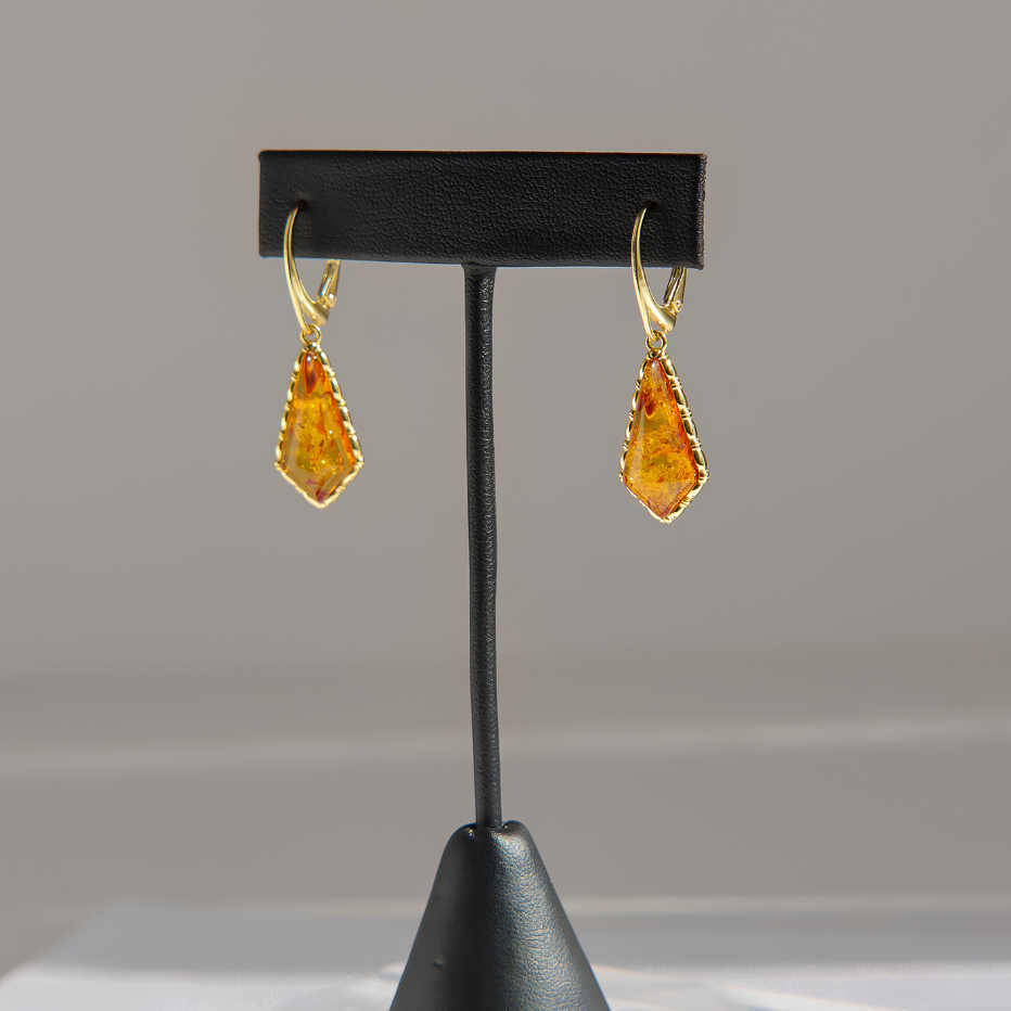 Cognac Baltic Amber Gold Dangle Earrings in Sterling Silver