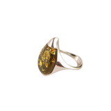 Lithuanian Baltic sea Green Amber Pear Cut Ring in 925 Sterling Silver, forest green gemstone, elegant organic jewelry.