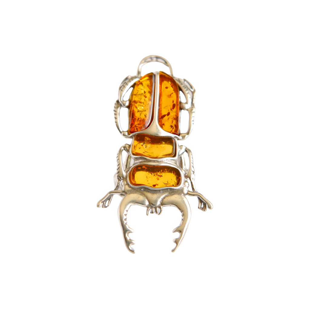 Baltic Amber Scarab Ring in Sterling Silver featuring cognac amber.