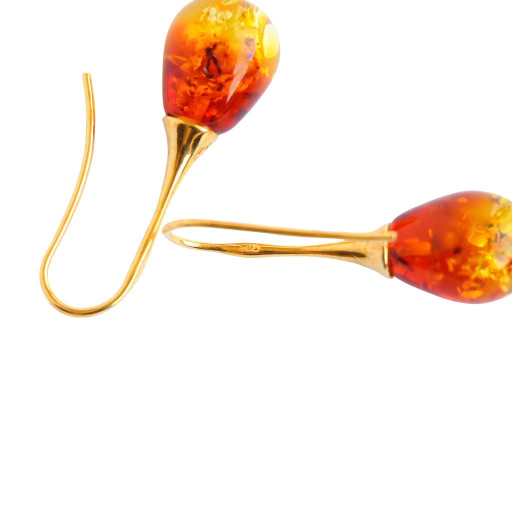 Lithuanian Amber Teardrop Earrings in 14k Gold Plated s925