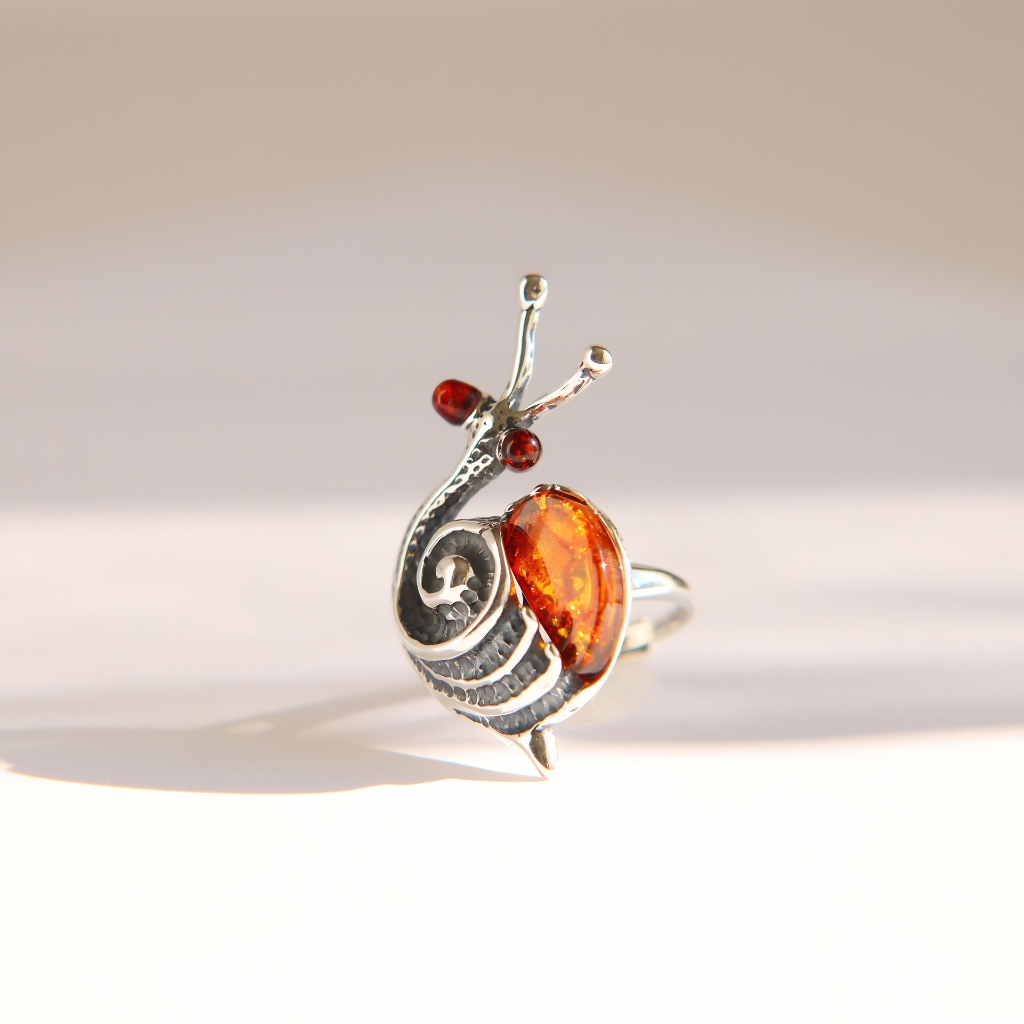 A silver Baltic amber snail ring with a polished amber-orange shell and small red eye accents, photographed on a clean white background with a soft shadow.