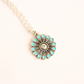 Necklace with a sunflower-shaped pendant featuring blue stones on a white background from flower jewelry set