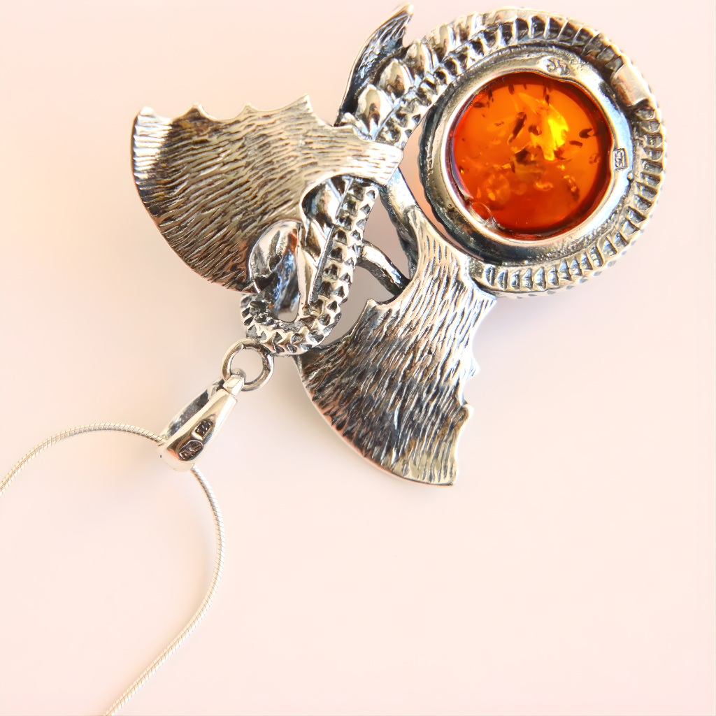 Silver Dragon Amber Necklace -s925 - Jūratė Amber