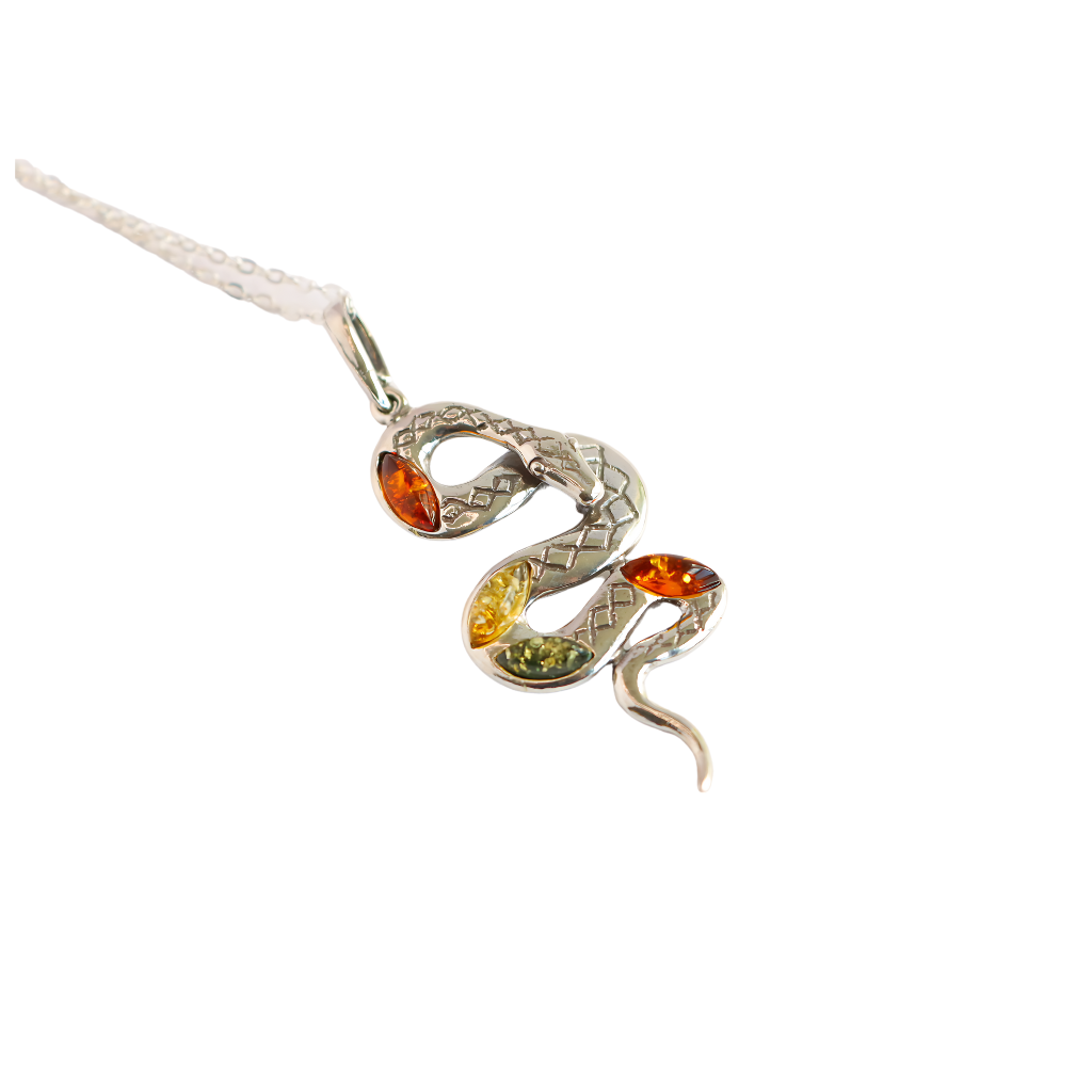 Baltic Amber Rattlesnake Pendant Necklace in 925 Sterling Silver