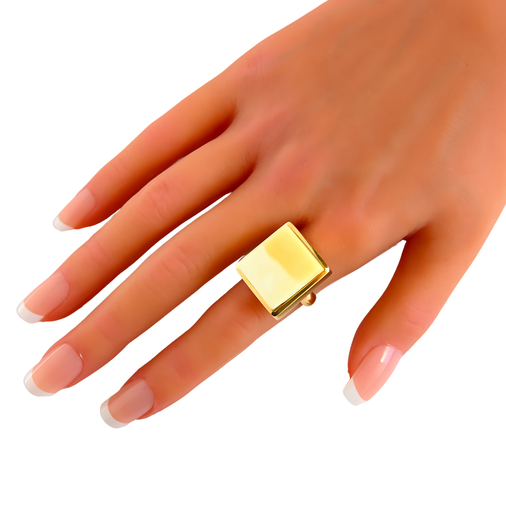White amber square cut ring in 14k gold plated s925, featuring unique colors, displayed on a hand.