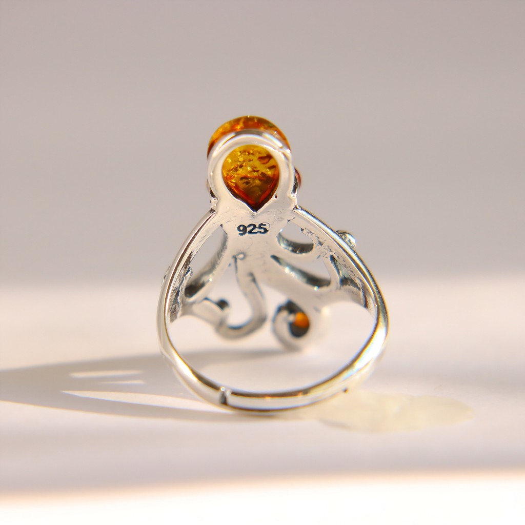 A sterling silver amber octopus ring with a teardrop-shaped amber stone and a smaller accent stone, shown on a light gray background with a soft shadow.