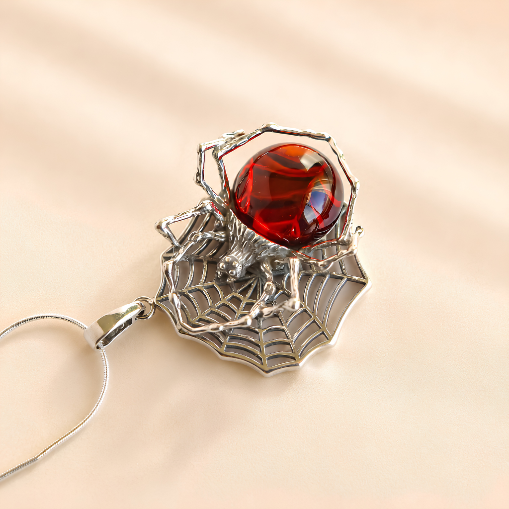 Silver spider web amber necklace with a red gemstone on a beige background