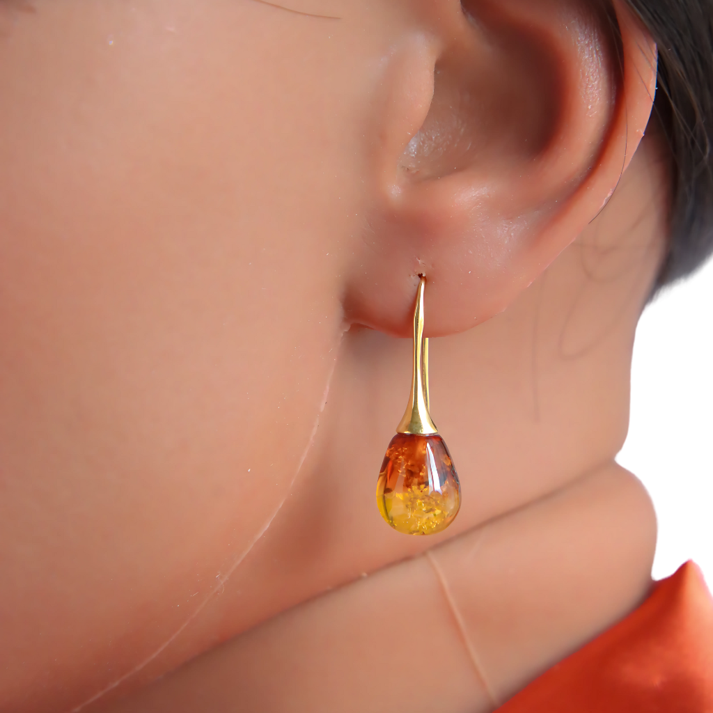 Lithuanian Amber Teardrop Earrings in 14k Gold Plated s925