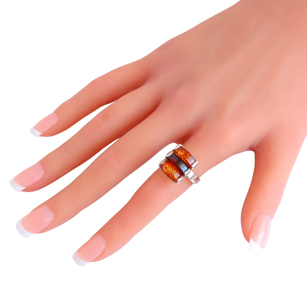 Amber Ring in 925 Sterling Silver | Lithuanian Cherry & Cognac Design