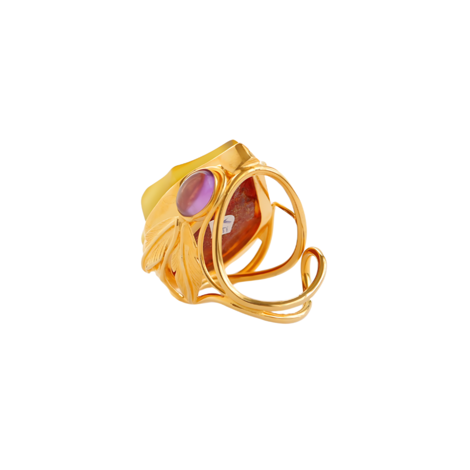 Natural Baltic Butterscotch Amber Ring 14K Gold Plated Boulder Spider with Amethyst