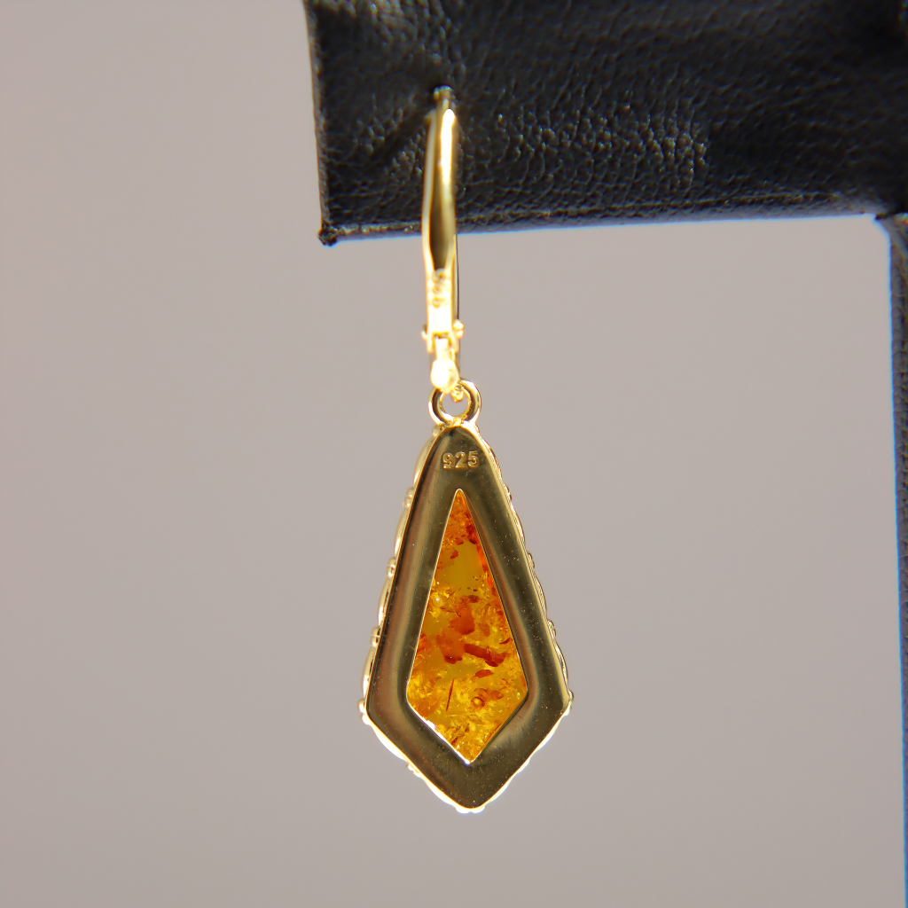 Cognac Baltic Amber Gold Dangle Earrings in Sterling Silver
