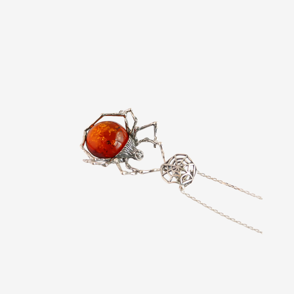 Natural Baltic Cognac Amber Spider Pendant Necklace in 925 Sterling Silver