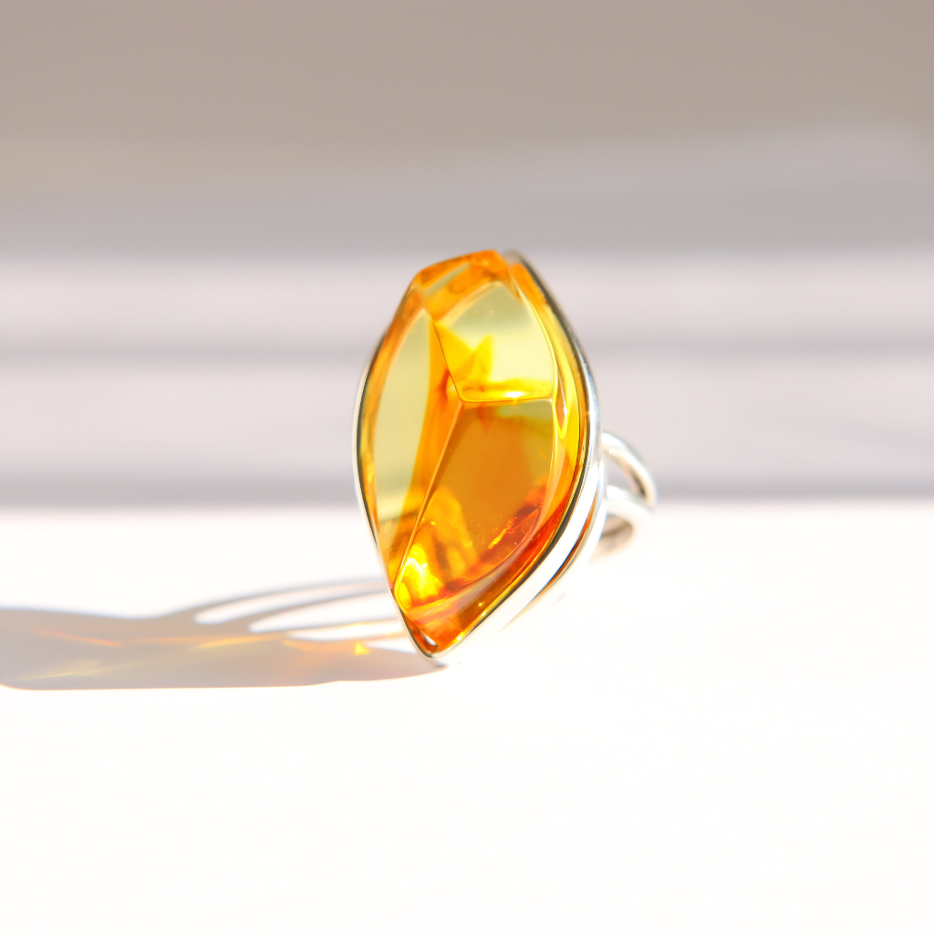 A silver amber statement ring featuring a large, faceted marquise-cut amber gemstone, photographed on a clean white surface with soft shadows.