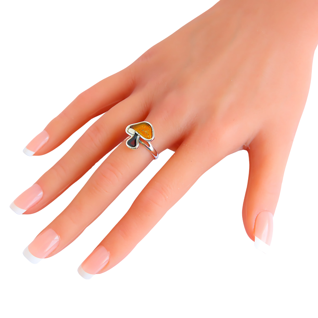 Mushroom Ring –  Baltic Amber Sterling Silver Adjustable Magic Ring