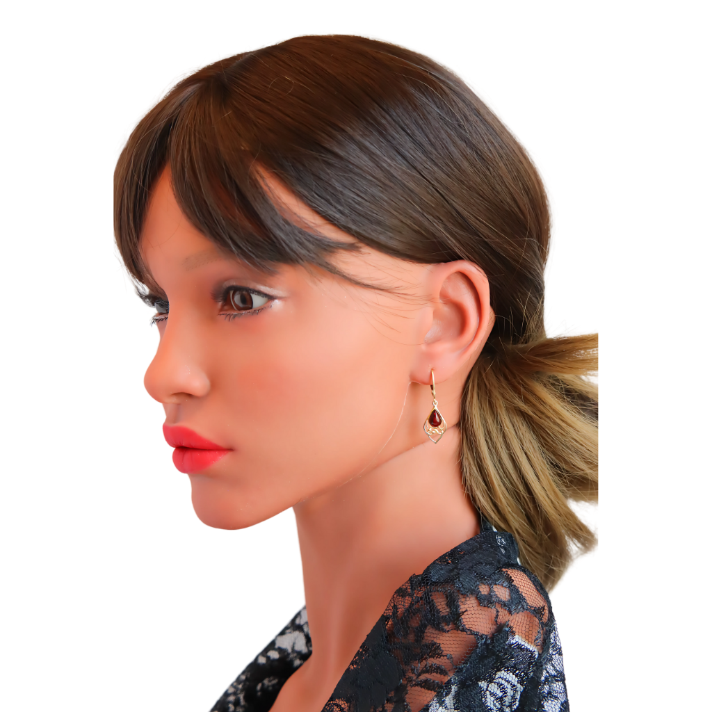 Baltic Cherry Amber earrings with Victorian design in tarnished 14k gold-plated silver on mannequin.