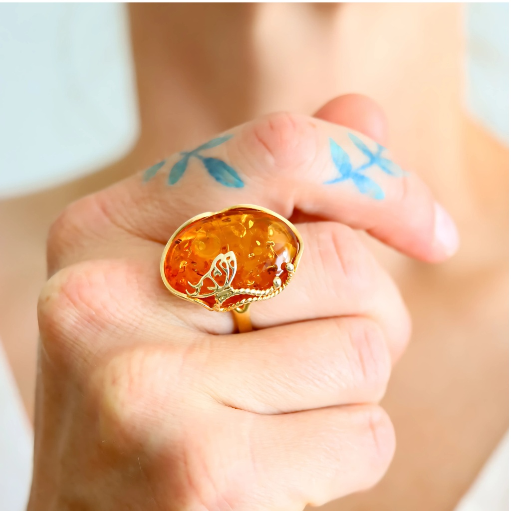 Baltic Amber Butterfly Ring | 14k Gold Plated Sterling Silver