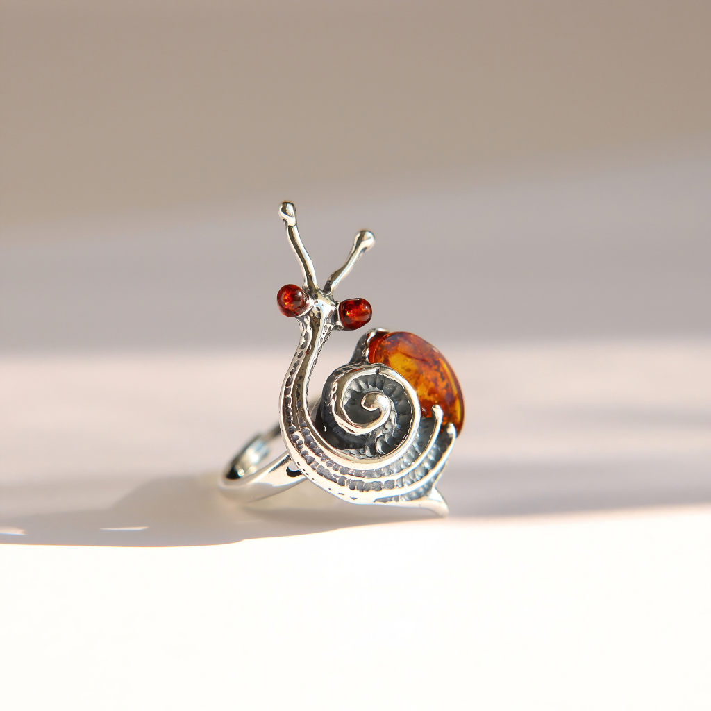 A silver snail ring with a polished Baltic amber-brown shell and small red eyes, photographed on a clean light beige background with a soft shadow.