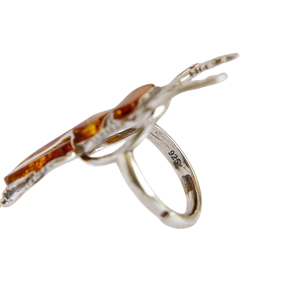 Baltic Amber Scarab Ring in 925 Sterling Silver showcasing polished silver and cognac amber stone.