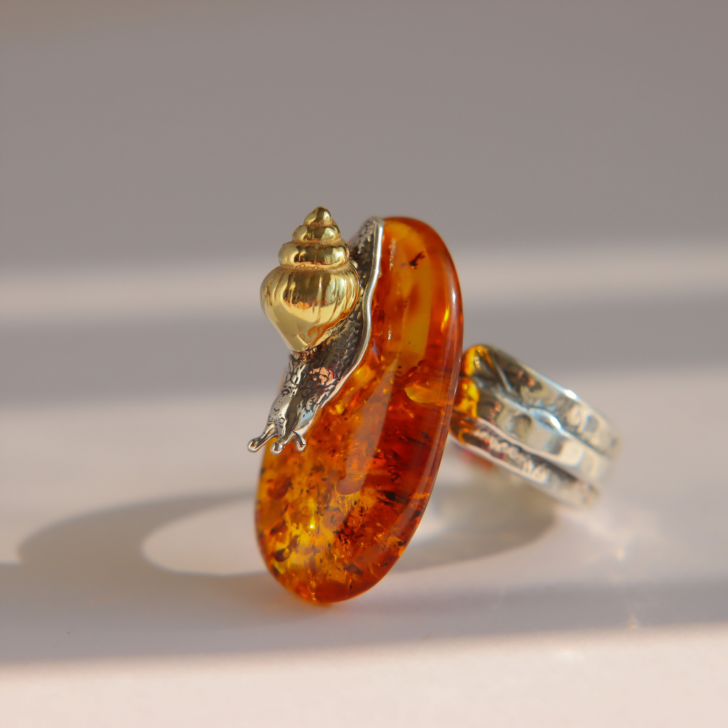 A close-up shot of a amber ring featuring a polished amber oval stone with a small gold and silver snail mounted on top, set against a neutral light gray background.