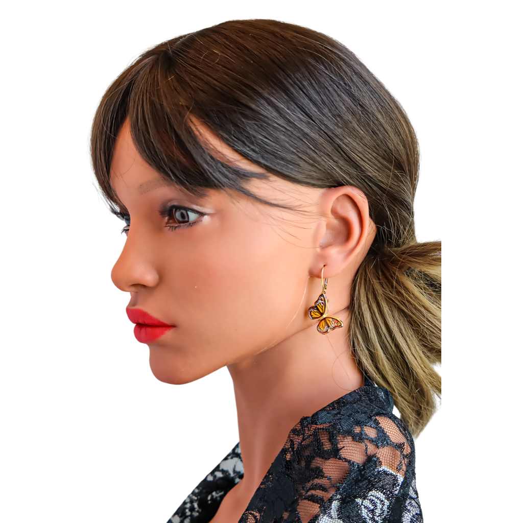 Genuine Baltic Amber gold Butterfly Earrings in 14k Gold Plated s925 on model.