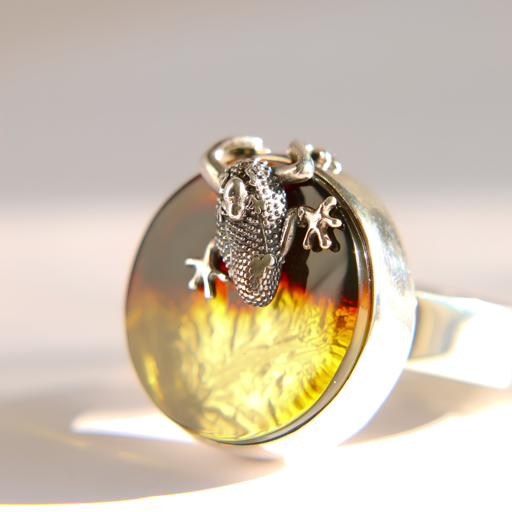 A close-up of a silver amber ring featuring a textured frog charm and a round amber cabochon with a yellow and brown tree-bark pattern, set against a bright, softly blurred background.