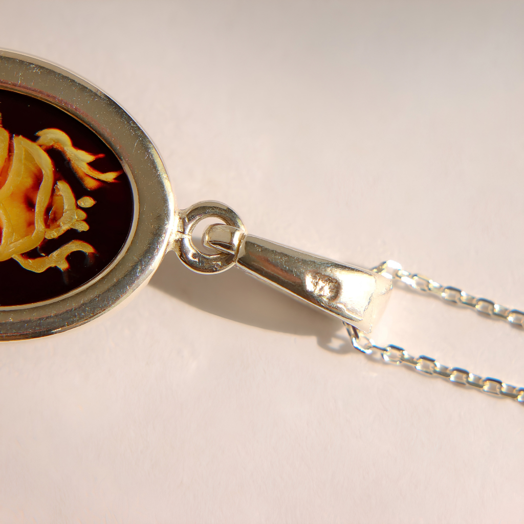 Close-up of a silver amber scarab necklace with a circular medallion featuring a dark brown and gold design, attached to a silver chain on a light beige background.