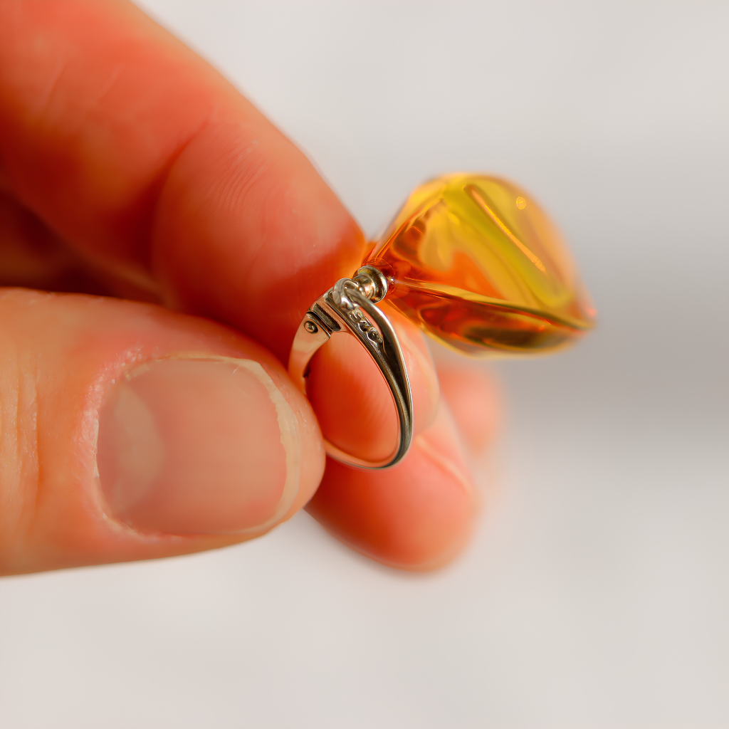 A close-up of a hand holding a silver Baltic amber dangle earring with a teardrop-shaped amber gemstone against a soft, light gray background.