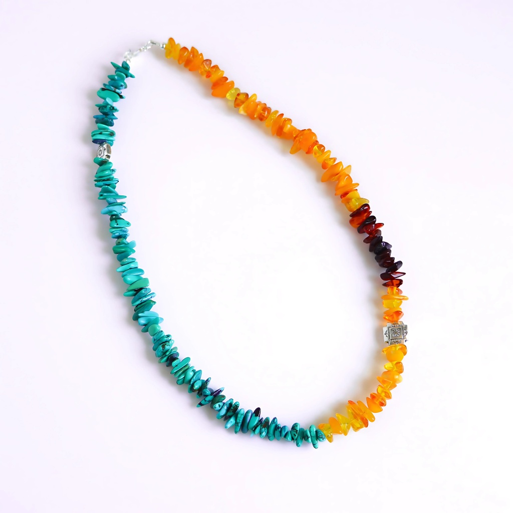 Turquoise Necklace with Baltic Amber- Southwestern Beaded Statement Piece