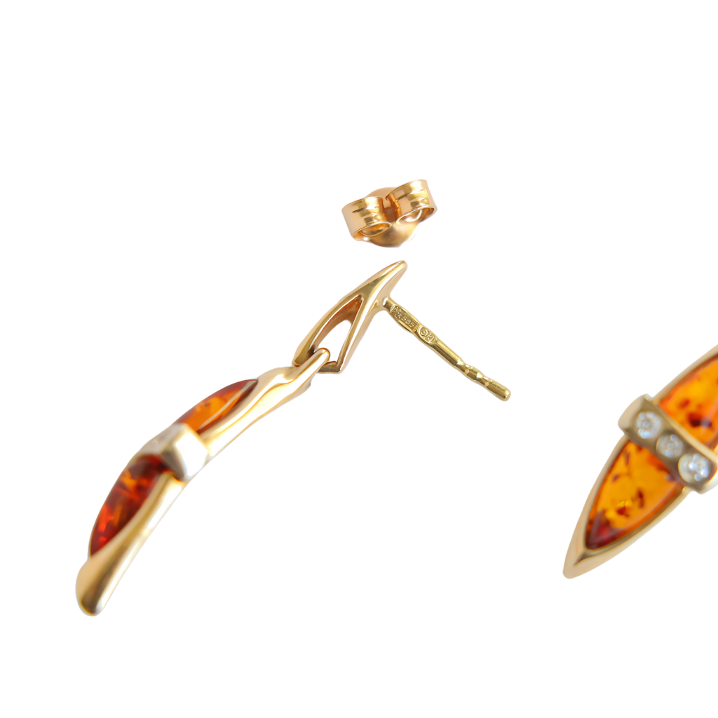 Lithuanian Baltic Amber and Diamond Earrings in 14k Gold