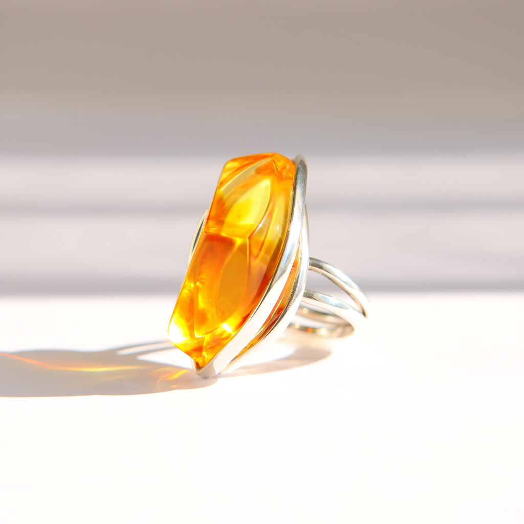 A silver amber statement ring featuring a large, faceted marquise-cut amber gemstone, photographed on a clean white surface with soft shadows.