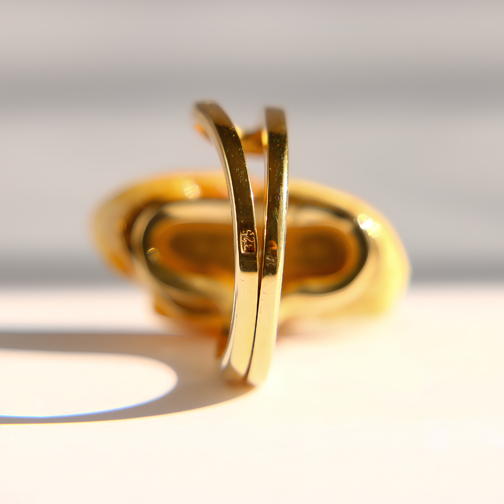A close-up of a polished gold white amber ring with a distinctive interlocking double-band design, resting on a white surface with soft shadows.