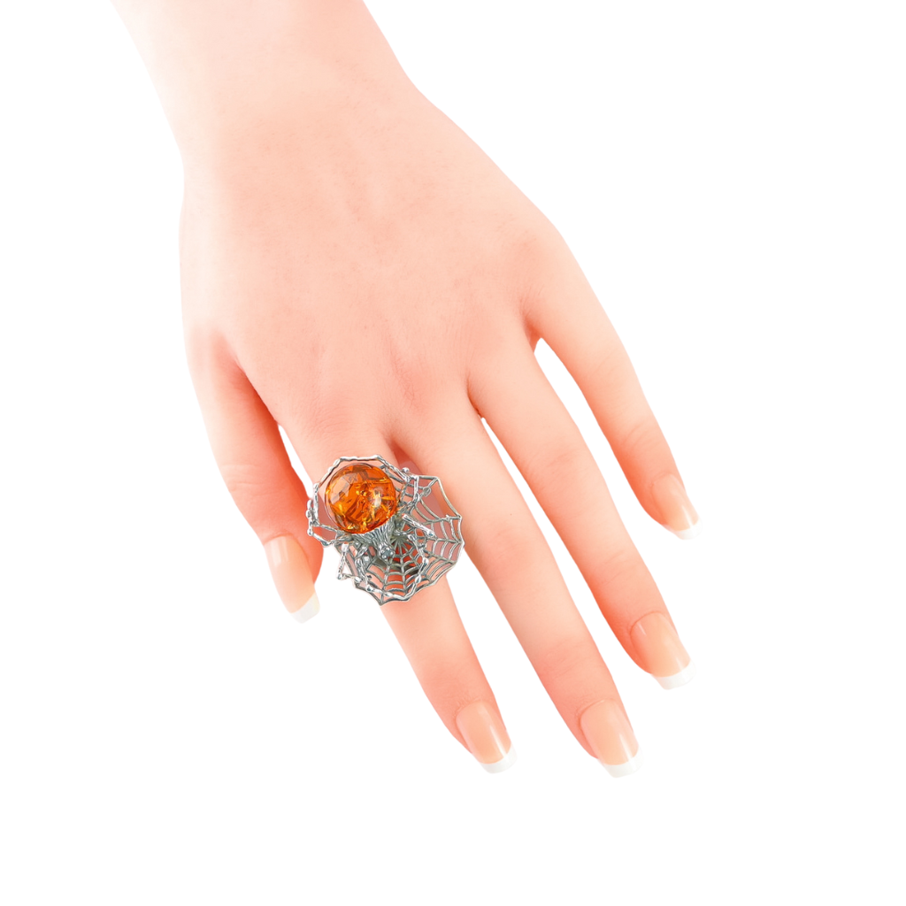 Natural Baltic Cognac Amber Adjustable Spider Statement Ring in 925 Sterling Silver