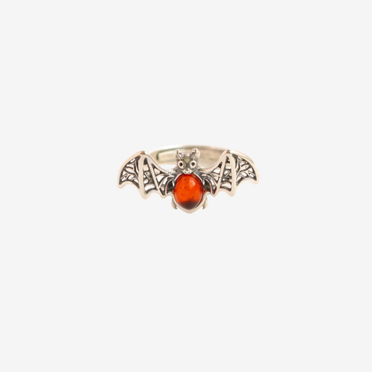 Baltic Cherry Amber Adjustable Bat Ring in 925 Sterling Silver