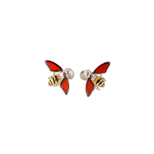 Amber Bee Earrings - Baltic Velvet Red Amber & 14k Gold