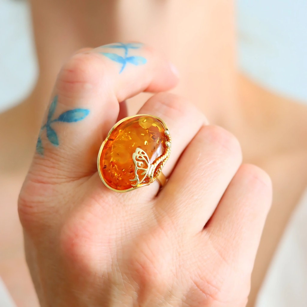 Baltic Amber Butterfly Ring | 14k Gold Plated Sterling Silver