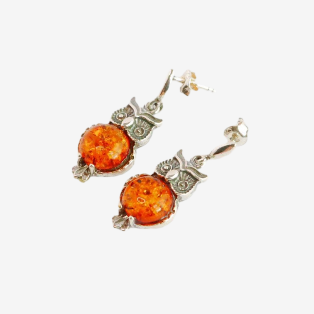 Cute Baltic Amber Owl Earrings in 925 Sterling Silver