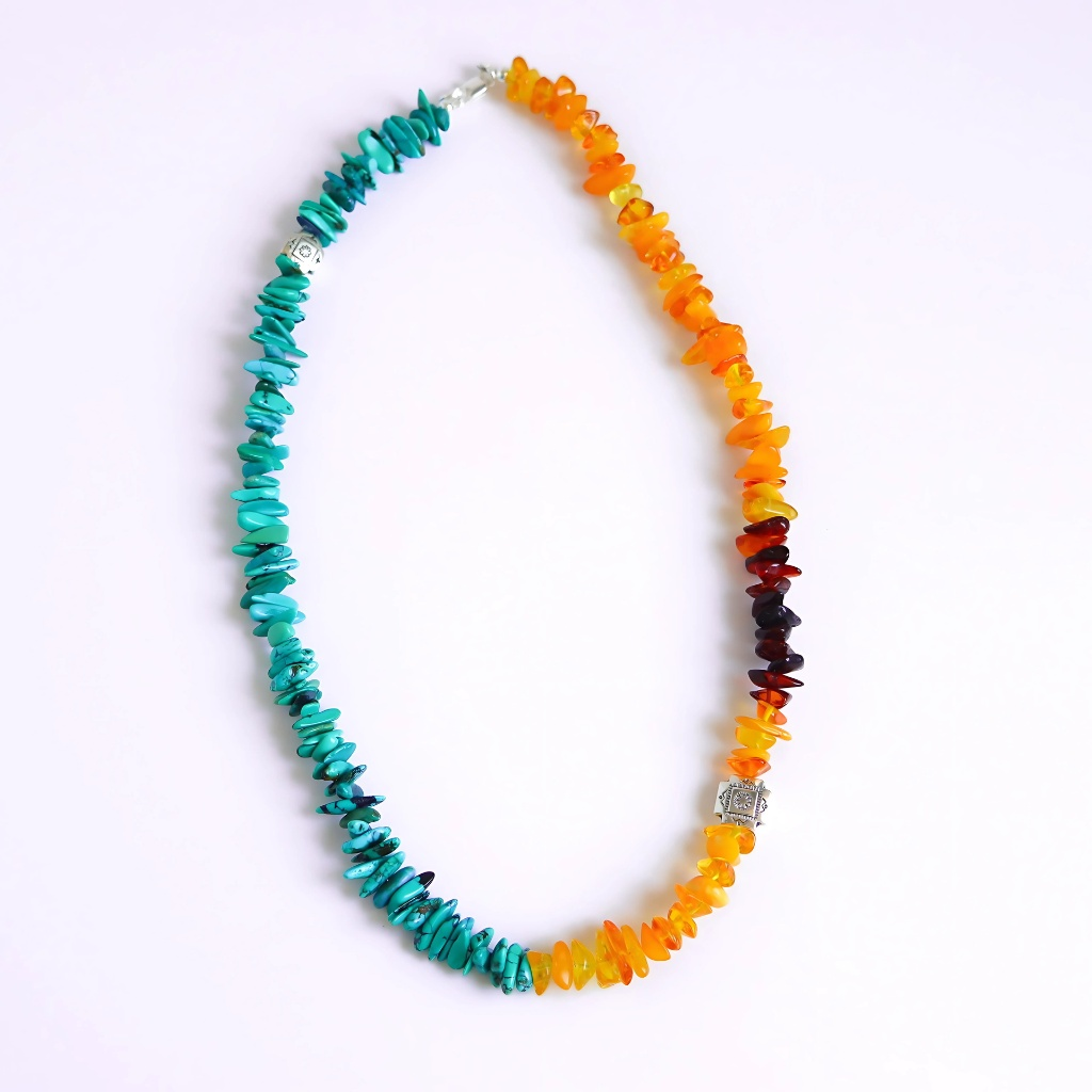 Turquoise Necklace with Baltic Amber- Southwestern Beaded Statement Piece