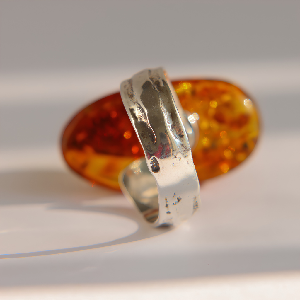 A polished silver amber ring with a textured, hammered finish, shown in front of an oval amber gemstone on a white surface with soft shadows.