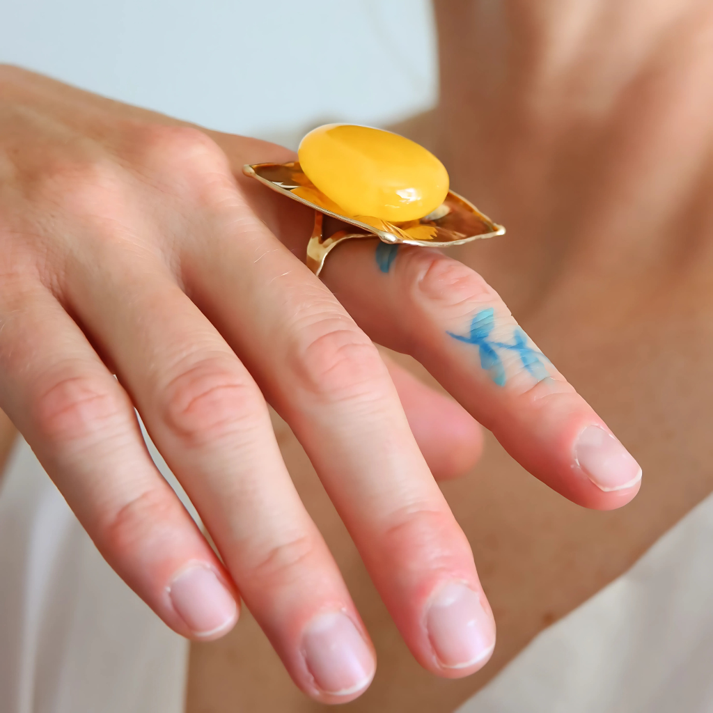 Butterscotch Amber Ring – Adjustable 14k Gold Plated Sterling Silver