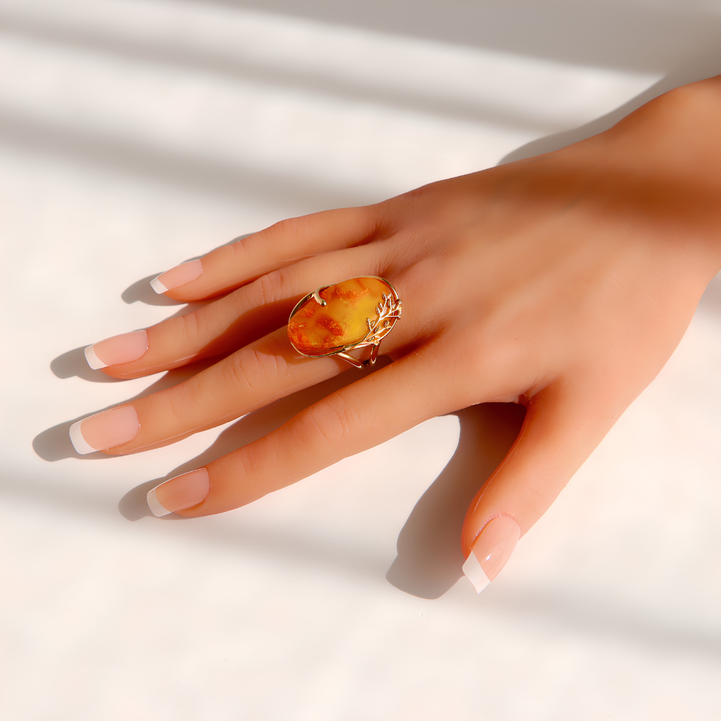 A gold amber ring with a large, polished oval amber stone, worn on a hand with French-tipped nails against a bright, sunlit white background.