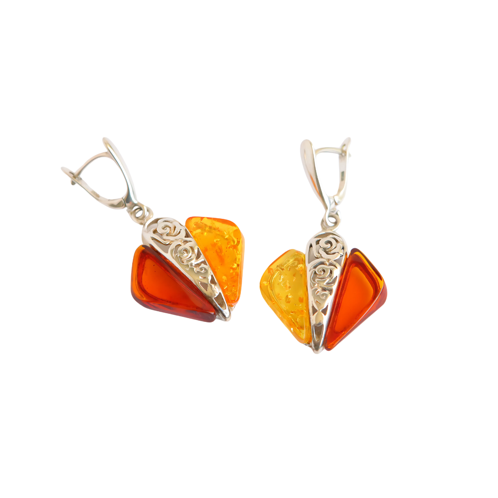 Natural Baltic Cognac and Cherry Amber Rose Dangle Earrings