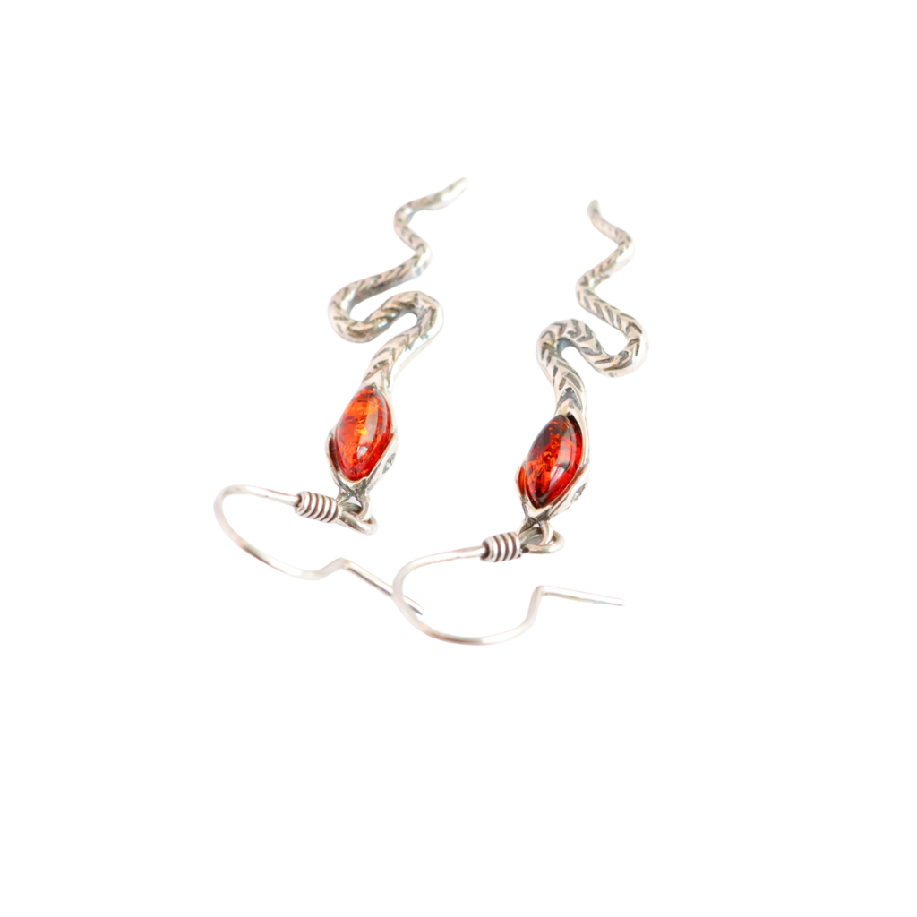 Natural Baltic Cognac Amber Snake Earrings in 925 Silver