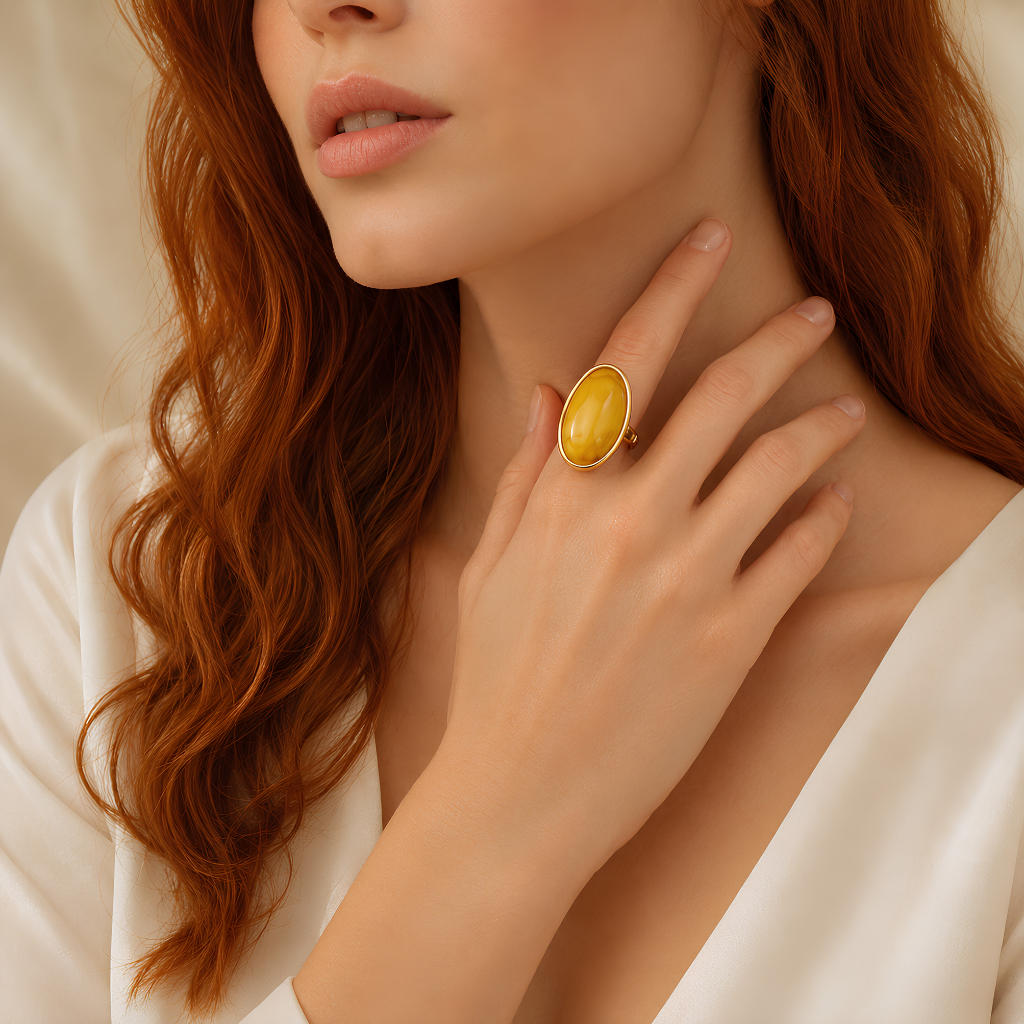 Woman wearing a gold amber ring with a yellow gemstone on a neutral background