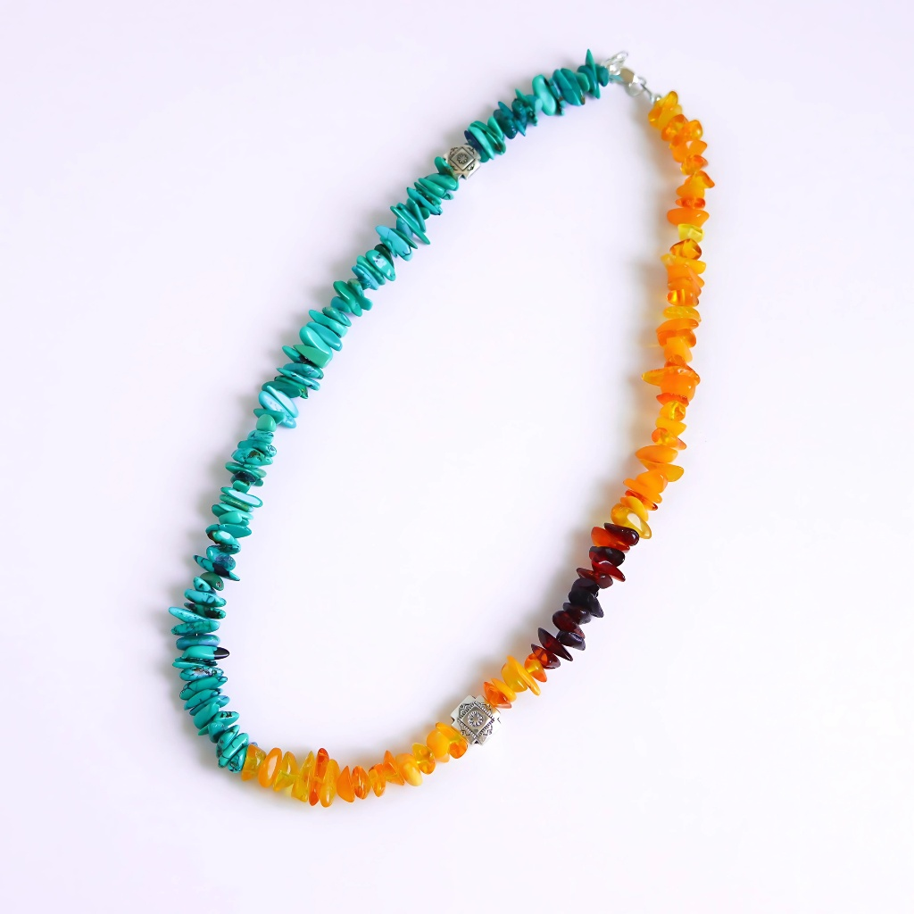Necklace with multicolored beads onTurquoise Necklace with Baltic Amber- Southwestern Beaded Statement Piece a white background